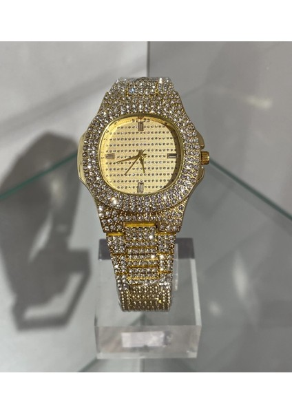 Altın Renk Taş Kaplama Oval Kasa Tasarım Kadın Kol Saati