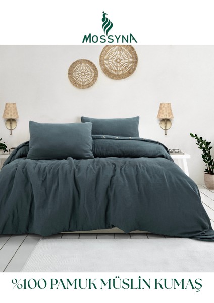 %100 Pamuk Müslin Çift Kişilik Nevresim Takımı - Boncuk Silikon Yastık Hediyeli (2 Adet)