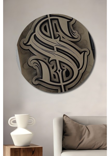 Siyah Beyaz Kara Kalem Görünümlü Ahşap Dekoratif Tablo Amerikan Doları Işareti Yuvarlak Tablo