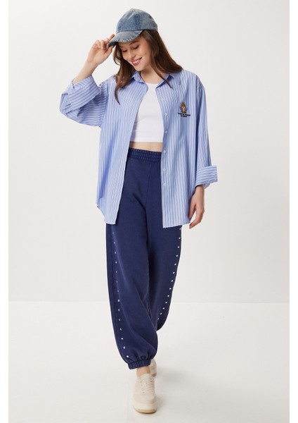 Nakışlı Çizgili Oversize Poplin Gömlek LXA0008 Mavi fiyatları