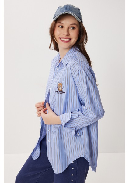 Nakışlı Çizgili Oversize Poplin Gömlek LXA0008 Mavi modelleri