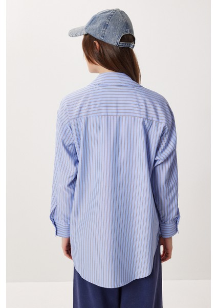 Nakışlı Çizgili Oversize Poplin Gömlek LXA0008 Mavi fırsatları
