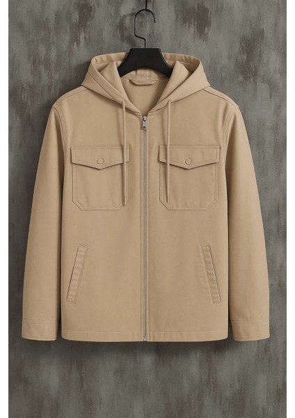 Erkek Oversize Premium Krem Kapşonlu Mont