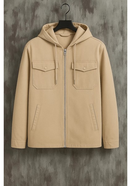 Erkek Oversize Premium Krem Kapşonlu Mont