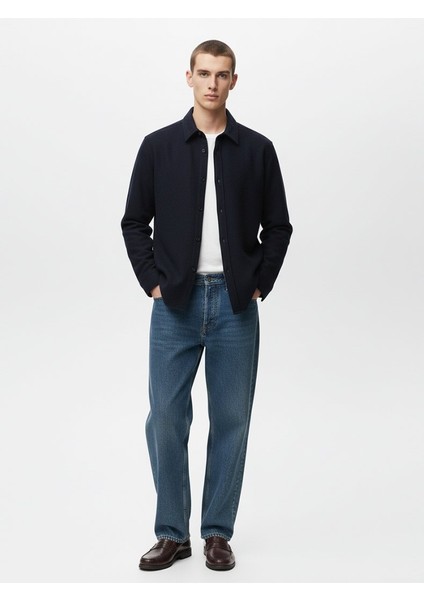 Uzun Kollu Önü Düğmeli Basic Lacivert Gömlek