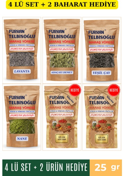 Doğal Lavanta 25GR + Adaçayı Demet 25GR + Yeşil Çay 25GR + Nane 25GR + 2 Baharat Hediye