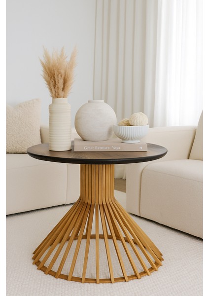 Palermo Yuvarlak Modern Klasik Rustik Retro Vintage Naturel Dekoratif Ahşap Çıtalı Yan Mantar Sehpa