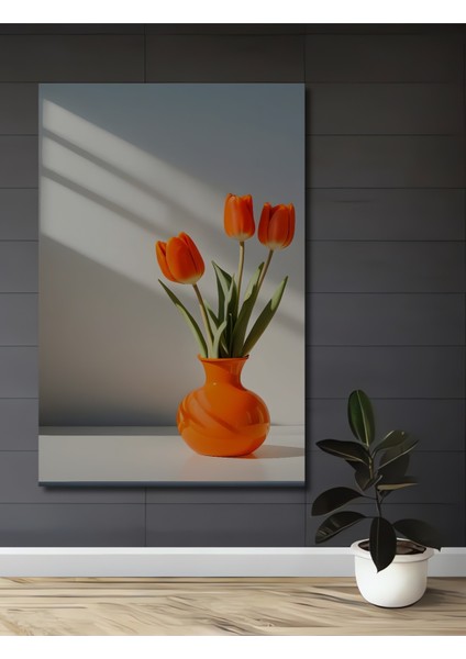 Canlı Portakal Lalesi Yağlı Boya Görünümlü Dekoratif Ahşap Tablo Dikdörtgen Tablo
