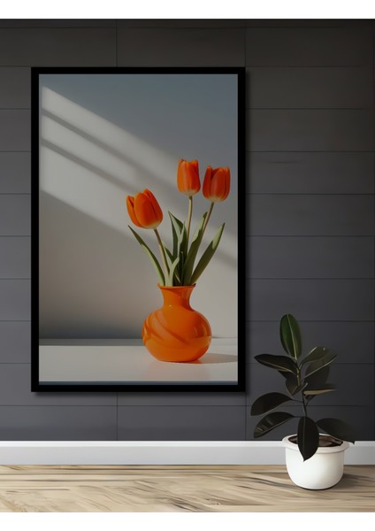 Canlı Portakal Lalesi Yağlı Boya Görünümlü Dekoratif Ahşap Tablo Dikdörtgen Tablo fiyatları