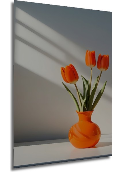 Canlı Portakal Lalesi Yağlı Boya Görünümlü Dekoratif Ahşap Tablo Dikdörtgen Tablo fırsatları