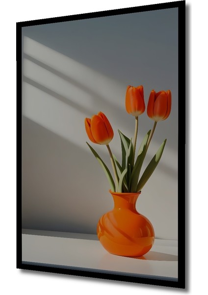 Canlı Portakal Lalesi Yağlı Boya Görünümlü Dekoratif Ahşap Tablo Dikdörtgen Tablo indirimleri