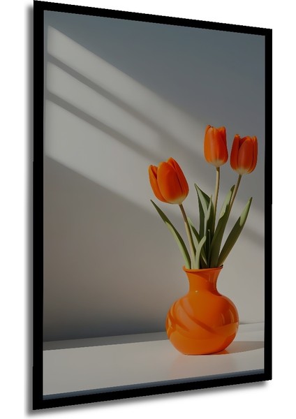 Canlı Portakal Lalesi Yağlı Boya Görünümlü Dekoratif Ahşap Tablo Dikdörtgen Tablo