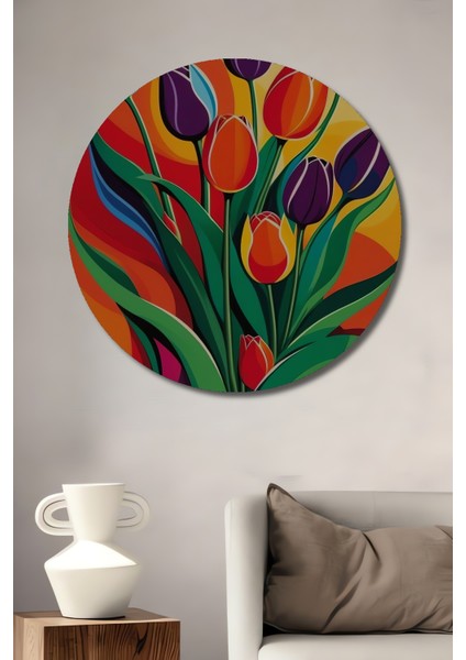 Renkli Lale Buketi Yağlı Boya Görünümlü Ahşap Dekoratif Tablo Yuvarlak Tablo