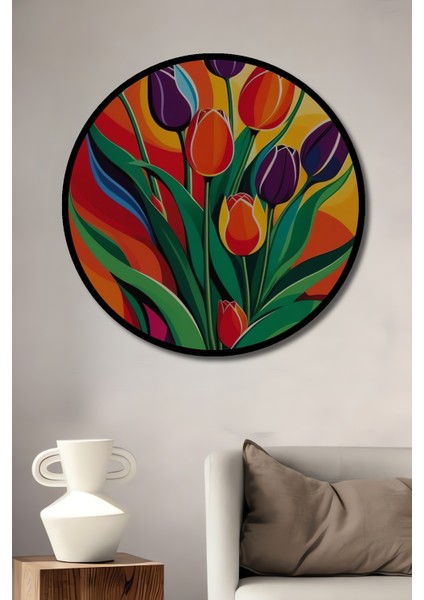 Renkli Lale Buketi Yağlı Boya Görünümlü Ahşap Dekoratif Tablo Yuvarlak Tablo fiyatları