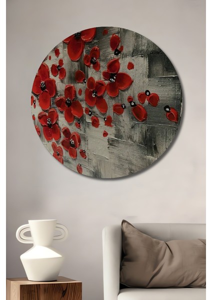 Kırmızı Gelincik Modern Sanat Yağlı Boya Görünümlü Ahşap Dekoratif Tablo Yuvarlak Tablo
