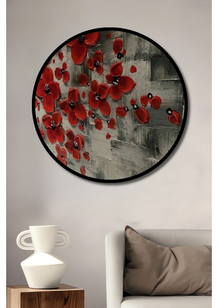 Kırmızı Gelincik Modern Sanat Yağlı Boya Görünümlü Ahşap Dekoratif Tablo Yuvarlak Tablo fiyatları