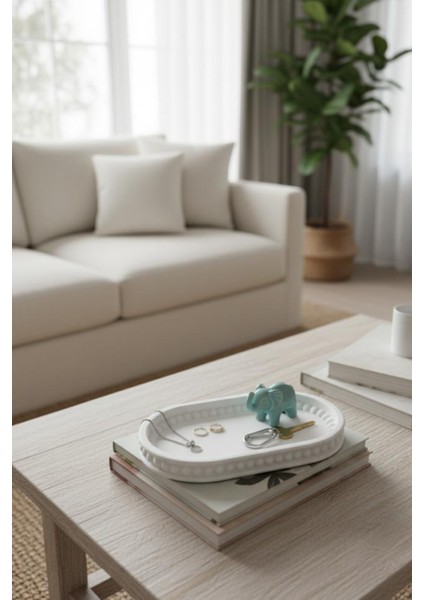 Dekoratif Oval Beton Boncuklu Zen Tepsi & Sunum Tabağı | Minimalist Başucu Takı Standı fiyatları