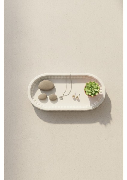 Dekoratif Oval Beton Boncuklu Zen Tepsi & Sunum Tabağı | Minimalist Başucu Takı Standı fırsatları