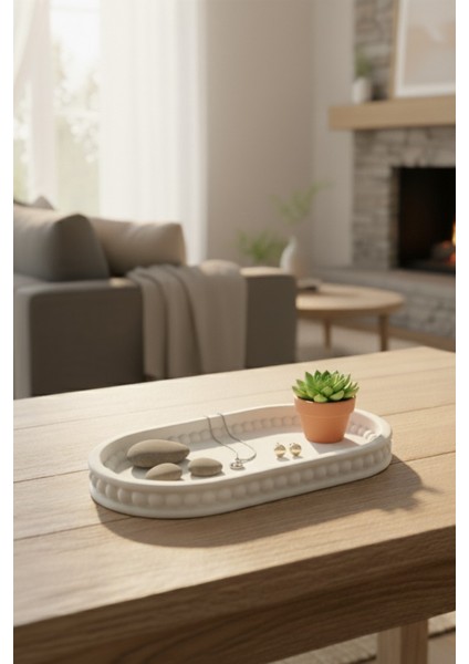 Dekoratif Oval Beton Boncuklu Zen Tepsi & Sunum Tabağı | Minimalist Başucu Takı Standı