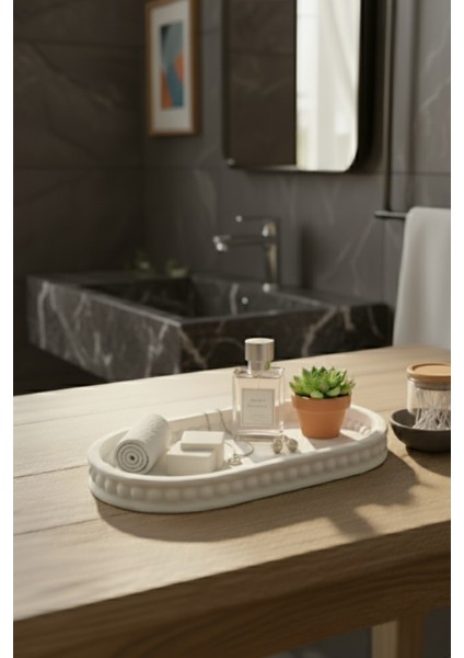 Dekoratif Oval Beton Boncuklu Zen Tepsi & Sunum Tabağı | Minimalist Başucu Takı Standı