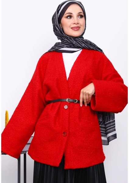 Kırmızı Kemerli Oversize Buklet Ceket