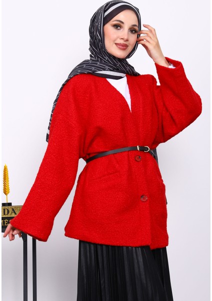 Kırmızı Kemerli Oversize Buklet Ceket modelleri