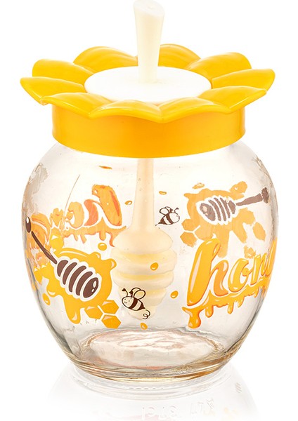 Bal Kavanozu Kaşıklı Cam Bal Saklama Sofra Sunum Kavanozu C-00180 370 cc