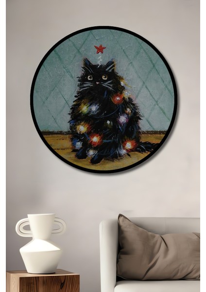 Kapkara Noel Kedisi Yağlı Boya Görünümlü Ahşap Dekoratif Tablo Yuvarlak Tablo fiyatları