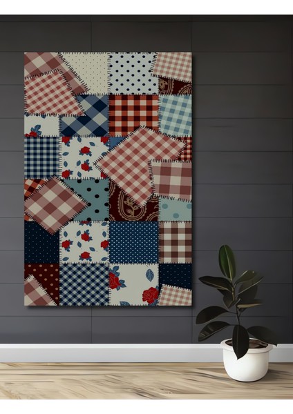 Gül Desenli Kareli Patchwork Ahşap Tablo Dikdörtgen Tablo
