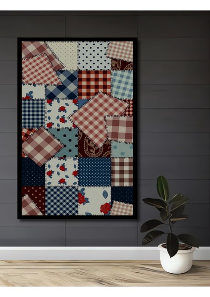 Gül Desenli Kareli Patchwork Ahşap Tablo Dikdörtgen Tablo fiyatları