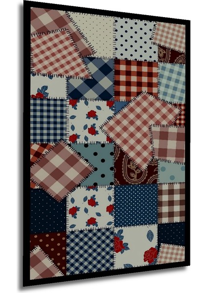 Gül Desenli Kareli Patchwork Ahşap Tablo Dikdörtgen Tablo