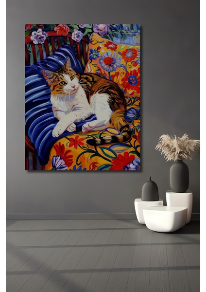 Renkli Çiçekler Üzerinde Tüylü Sultan Yağlı Boya Görünümlü Dekoratif Ahşap Tablo Dikdörtgen Tablo