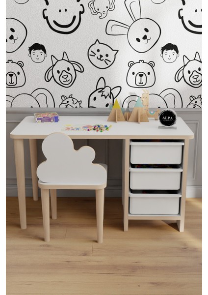 3 Sepetli Çocuk Masa Sandalye Takımı,yaz Sil Aktivite Masası,bulut Tasarımlı Sandalye,Ergonomik Masa