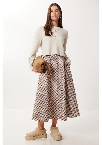 Kareli Midi Kloş Etek LNS0092 Krem Lacivert