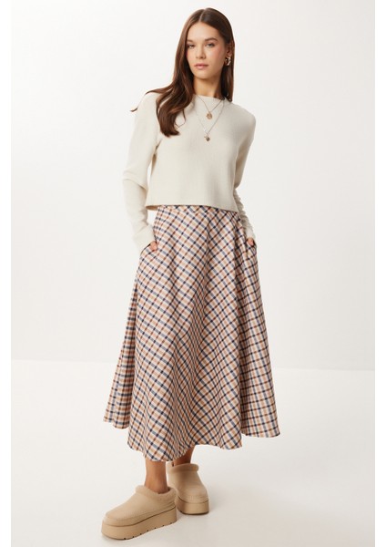 Kareli Midi Kloş Etek LNS0092 Krem Lacivert modelleri