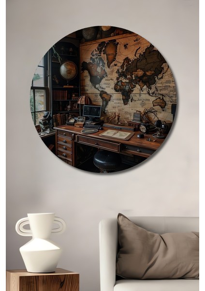 Ahşap Dekoratif Dünya Haritası Yağlı Boya Görünümlü Tablo Ahşap Dekoratif Tablo Yuvarlak Tablo