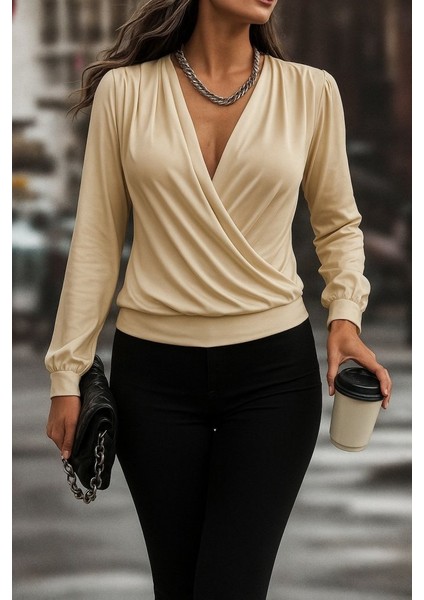 Kadın Uzun Kollu Kruvaze Yaka Sandy Bluz
