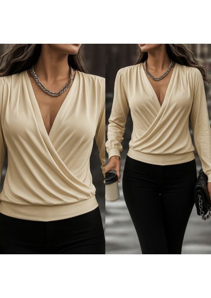 Kadın Uzun Kollu Kruvaze Yaka Sandy Bluz modelleri