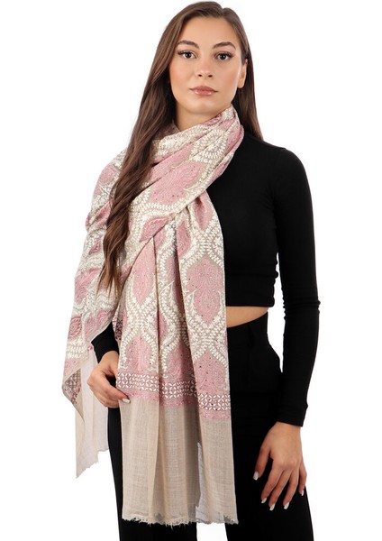 Taş Gül Kurusu Taşlı Işlemeli Yün Ipek Şal