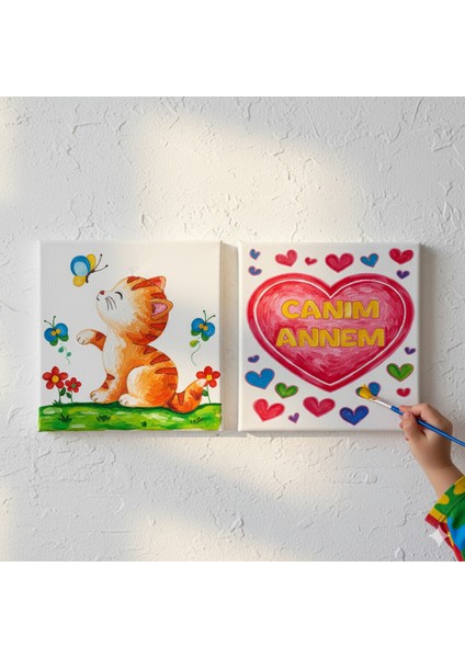 Okul Etkinliği-2'li Tuval Boyama Seti. 20X20 cm Uv Baskı 6 Akrilik Boya 1 FIRÇA-MODEL-238