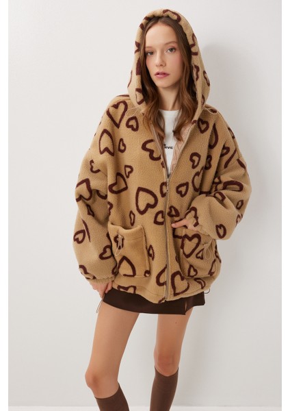 Kapüşonlu Kalpli Oversize Peluş Mont LCI0058 Bisküvi
