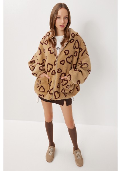 Kapüşonlu Kalpli Oversize Peluş Mont LCI0058 Bisküvi modelleri