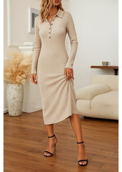 Kadın Uzun Kollu Yakalı Düğmeli Şardonlu Kaşkorse Elbise