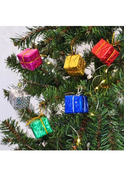 12 Adet Çok Renkli Mini Hediye Paketi Yılbaşı Ağacı Süsü Seti | Karışık Renk Folyo Kaplı Küçük Dekoratif Hediye Kutusu Askı