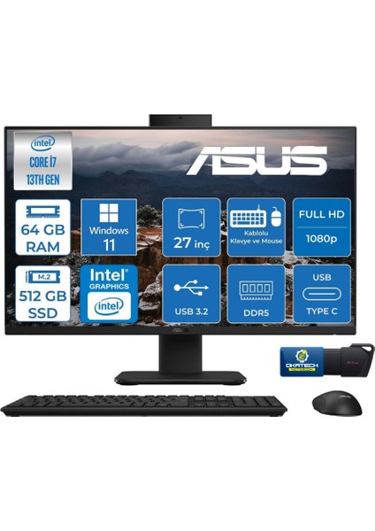V470VAK Intelcore I7-13620H 64GB Ram 512GB SSD 27''fhd 100HZ 300NITS Allınone Bilgisayar+Usb Bellek