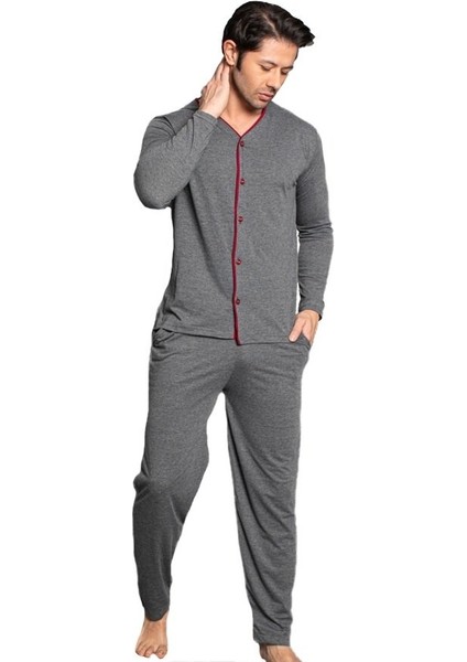 Norde Premium Penye Interlok Kumaş Kışlık Önden Düğmeli Erkek Pijama Takımı M/2xl