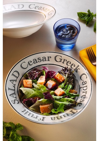 Şık Makarna ve Salata Tabağı 26 cm - Caesar, Greek, Caprese Tasarımlı Büyük Çukur Tabak