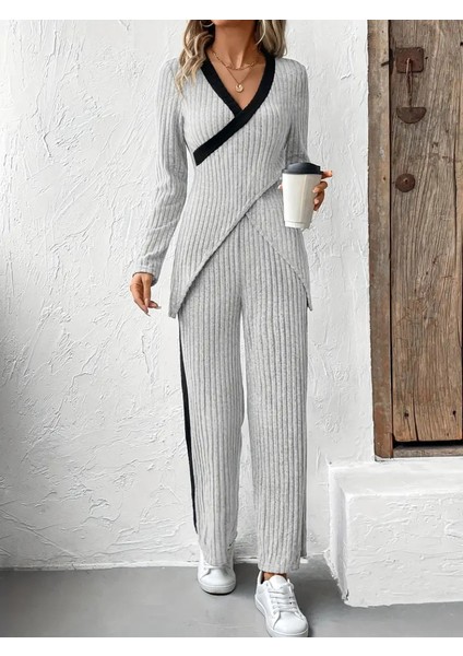 Kadın Uzun Kollu V Yakalı Çapraz Detaylı Şardonlu Kaşkorse Bluz ve Pantolon Ikili Takım modelleri