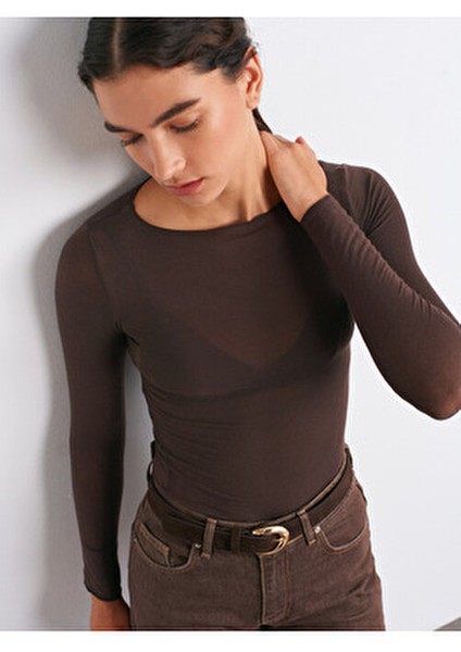 32122 Kayık Yaka Modal Kaşmir Ultra Hafif Bluz-Kahve