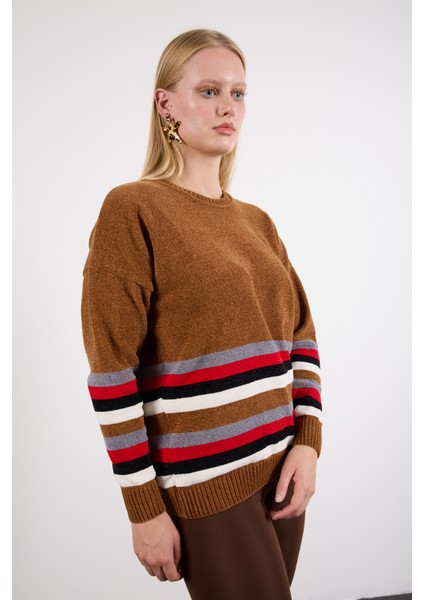 Kadın Taba Çizgili Bisiklet Yaka Şönil Kadife Triko Kazak fiyatları